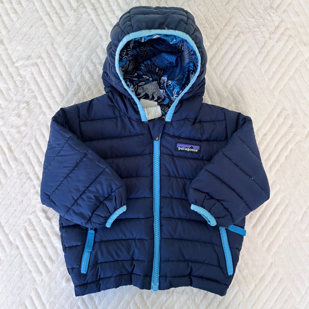 Patagonia Baby 6-12M Reversible Down Sweater Hoody Blue Animal Print Puffer
